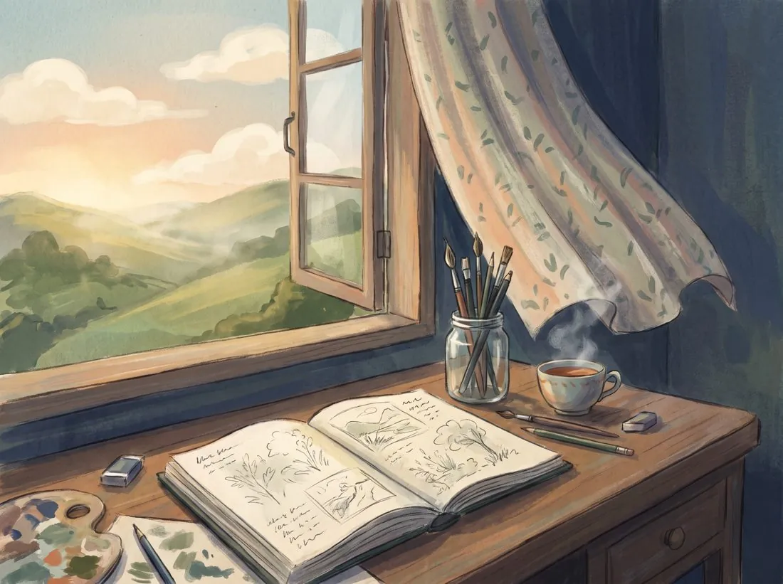 A sketchbook with pencil notes on a desk by an open window